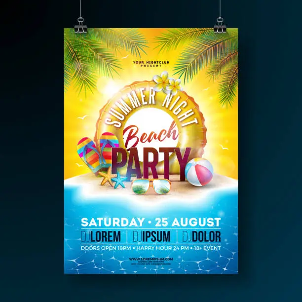 Vector illustration of Vector Summer Night Beach Party Flyer Design with Tropical Palm Leaves and Float on Ocean Landscape Background. Summer Holiday Illustration with Paradise Island, Beach Ball, Sunglasses and Lifebelt for Banner, Flyer, Invitation or Celebration Poster.