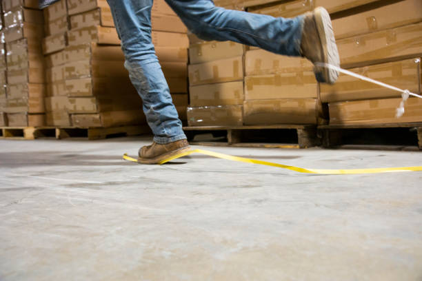 istock An industrial, warehouse, workplace safety topic.  An employee risks injury by catching his boot in plastic strapping. 1163411452
