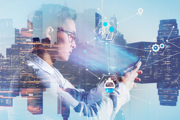 istock Asian man with phone, business interface 1163417138