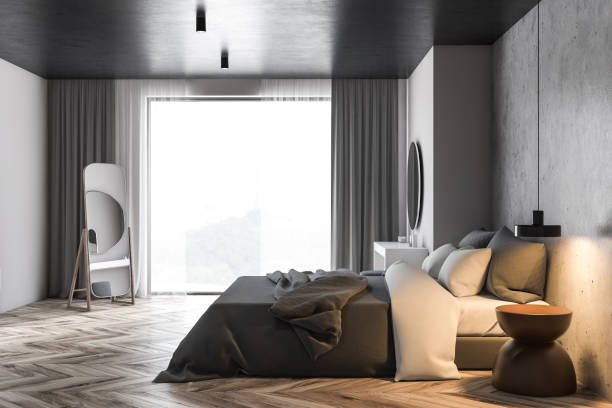 istock White and concrete bedroom with mirrors 1163417163