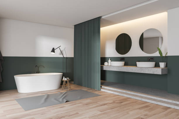 istock Green and white bathroom corner with curtain 1163417255