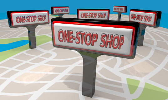 One-Stop Shop Store Signs Map Convenient Shopping 3d Illustration