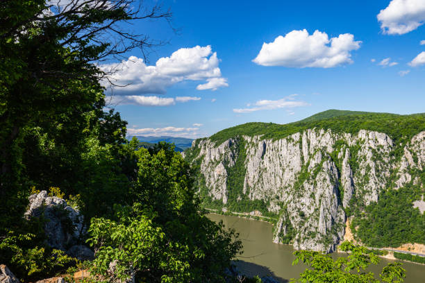 o cume elevado na costa sérvia de danúbio visto da montanha de ciucaru mare no lado romanian durante o verão - danube river romania serbia river - fotografias e filmes do acervo