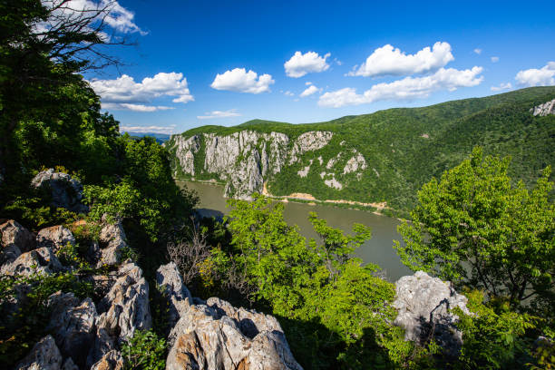 o cume elevado na costa sérvia de danúbio visto da montanha de ciucaru mare no lado romanian durante o verão - danube river romania serbia river - fotografias e filmes do acervo