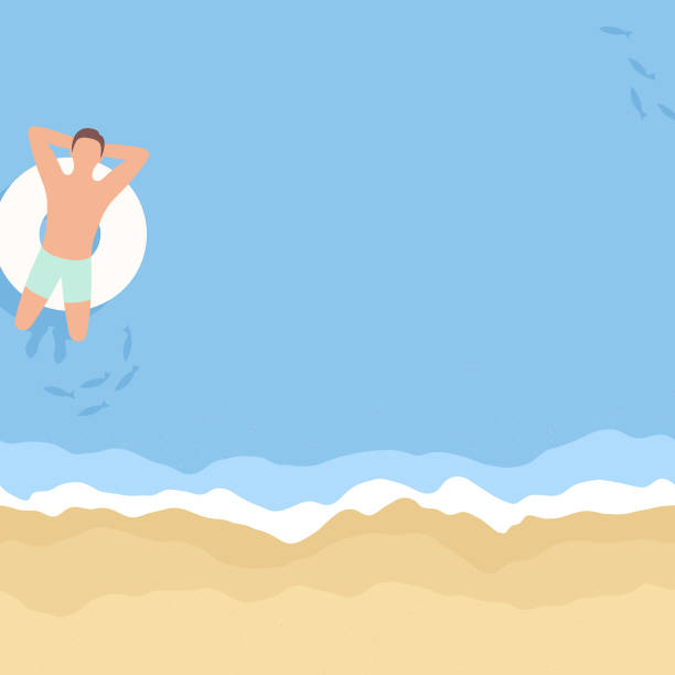 illustrations, cliparts, dessins animés et icônes de fond de plage avec l'homme détendant sur l'anneau gonflable - color image colored background nautical vessel sea
