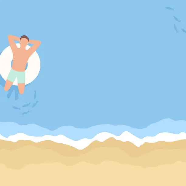 Vector illustration of Beach Background with Man Relaxing on Inflatable Ring