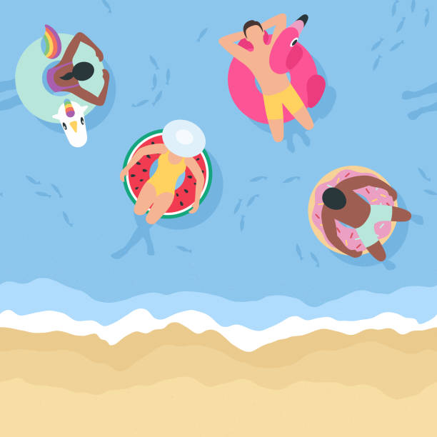 illustrations, cliparts, dessins animés et icônes de contexte d'été avec des personnes se détendre sur des gonflables (seamless horizontalement) - été illustrations