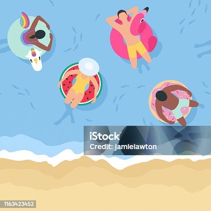 istock Summer Background with People Relaxing on Inflatables (Seamless Horizontally) 1163423452