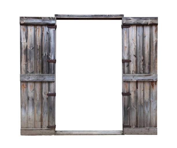 istock Rustic pine wooden door with vintage style hinge isolated on white background for architectural design purpose 1163425897
