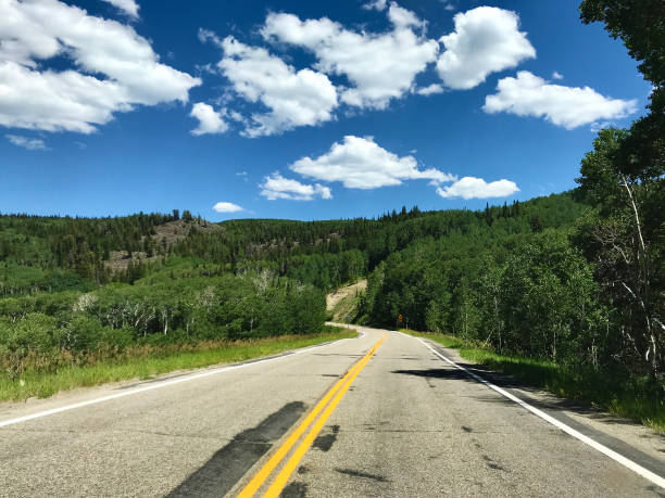 istock Mountain Highway lined with green foliage on a bright sunny day with blue skies and white fluffy clouds 1163427708