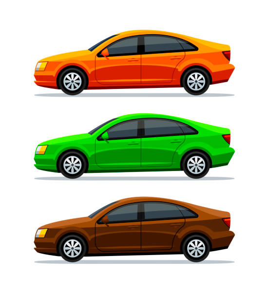 白い背景に隔離された車のベクトルセット。側面図。セダン。緑色の電気自動車、オレンジと茶色の自動車、および車両。輸送。3dイラスト。 - sedan car isolated white点のイラスト素材／クリップアート素材／マンガ素材／アイコン素材