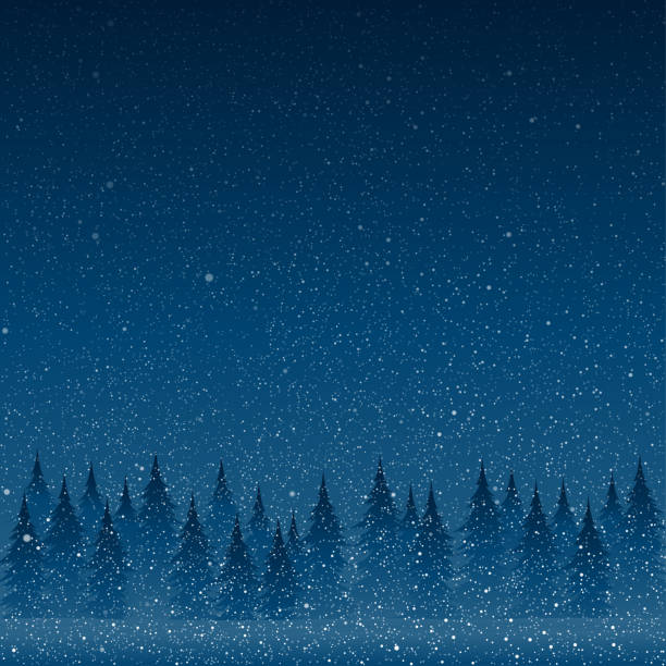 stockillustraties, clipart, cartoons en iconen met vallende witte sneeuw met blauwe winter hemel en bos. - blue sky