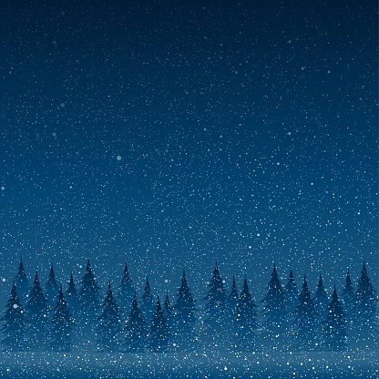 Falling white snow with blue winter sky and forest. Merry Christmas, New Year background, banner, poster, card. Vector winter snowflakes. Holiday backdrop style with fall shining snow trees.