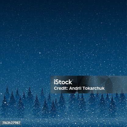 istock Falling white snow with blue winter sky and forest. 1163427987