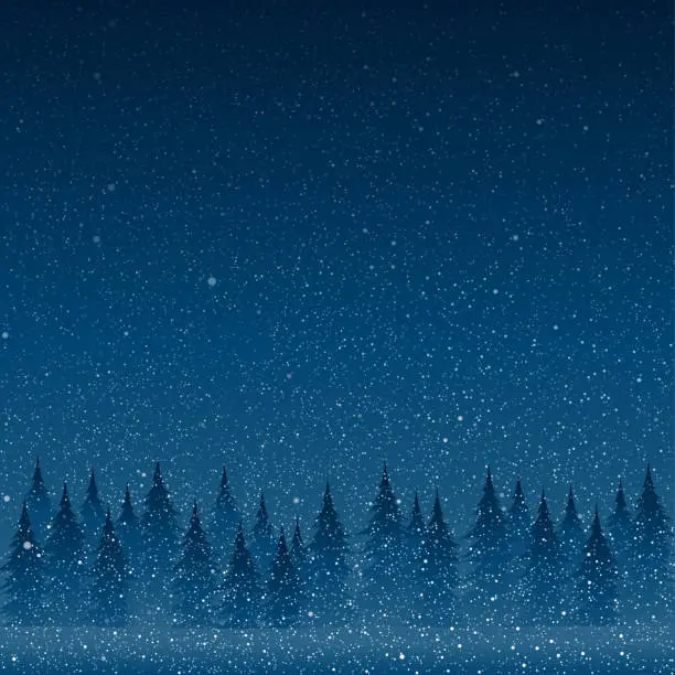Vector illustration of Falling white snow with blue winter sky and forest.