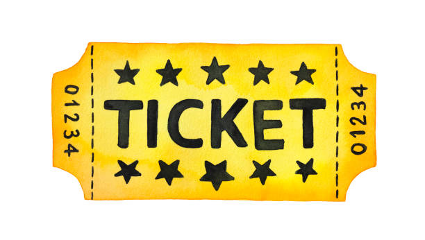 ilustrações de stock, clip art, desenhos animados e ícones de colorful ticket watercolor illustration with stars and inscription. one single object, yellow and black colors. hand painted watercolour sketchy drawing on white, cut out clipart element for design. - ticket ticket stub park fun