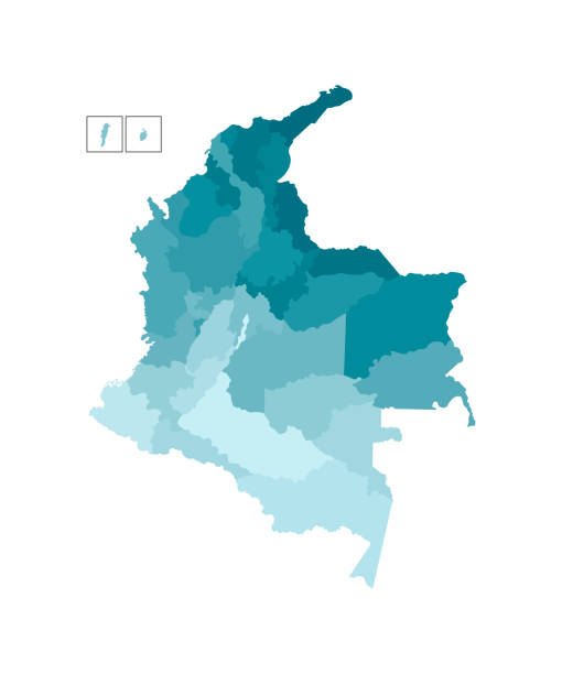 Vector isolated illustration of simplified administrative map of Colombia. Borders of the departments (regions). Colorful blue khaki silhouettes Vector isolated illustration of simplified administrative map of Colombia. Borders of the departments (regions). Colorful blue khaki silhouettes. caqueta stock illustrations