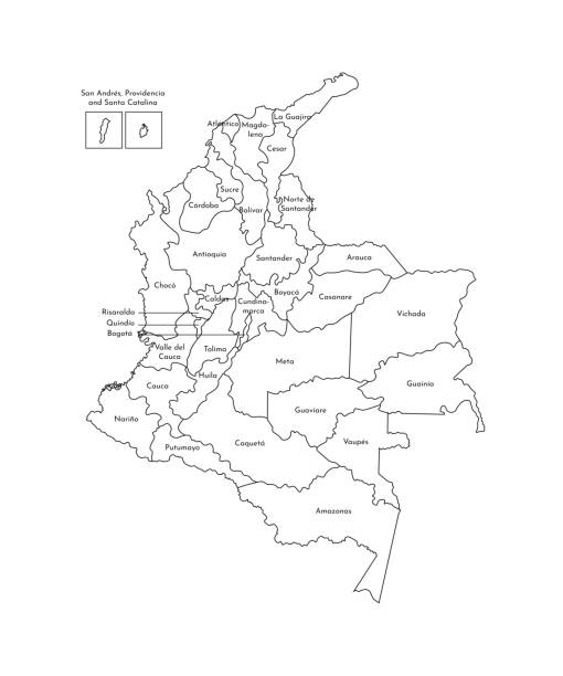 Vector isolated illustration of simplified administrative map of Colombia. Borders and names of the departments (regions). Black line silhouettes Vector isolated illustration of simplified administrative map of Colombia. Borders and names of the departments (regions). Black line silhouettes. caqueta stock illustrations