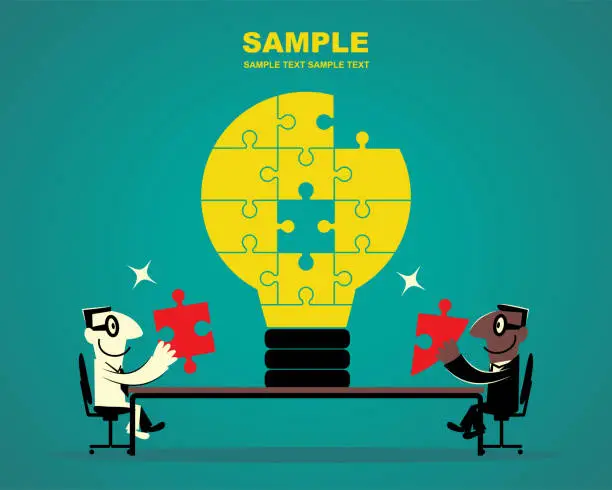 Vector illustration of Two businessmen sitting at the conference table and completing the jigsaw of idea light bulb