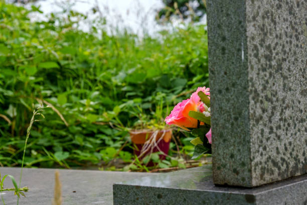 istock Churchyard cemetery gravestone with flowers 1163453268