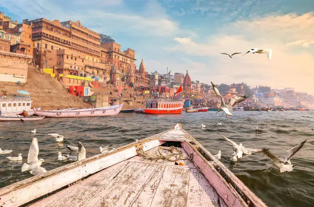 Varanasi Ganges river ghat with ancient city architecture with view of migratory birds on river Ganga at sunset.