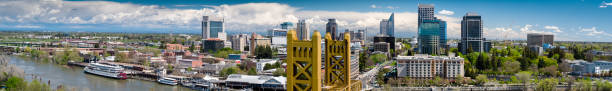 Sacramento by Day - Aerial Panorama Aerial panorama of Sacramento, from Tower Bridge with the city skyline behind. sacramento stock pictures, royalty-free photos & images