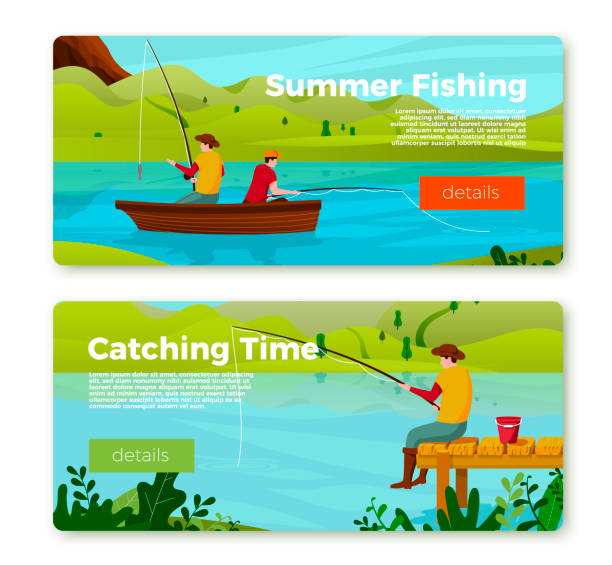 zestaw banerów wektorowych - rybacy na rzece - nautical vessel fishing child image stock illustrations