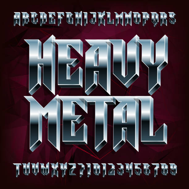 3d heavy metal alphabet schriftart. metalleffektbuchstaben und zahlen. - heavy metal stock-grafiken, -clipart, -cartoons und -symbole