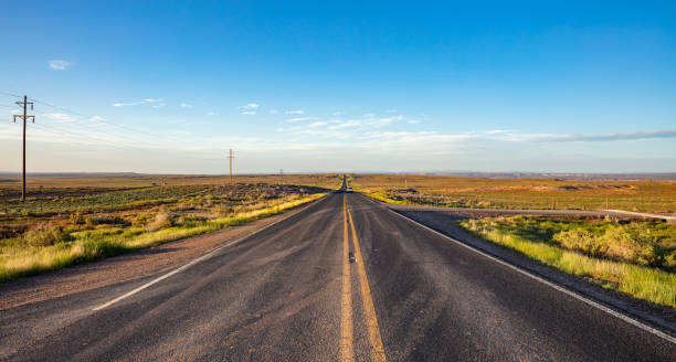 istock Long highway in the american desert, blue sky 1163458854