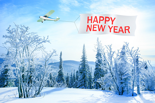 Small airplane pulling banner with happy New Year on background of a winter landscape. Happy New Years concept
