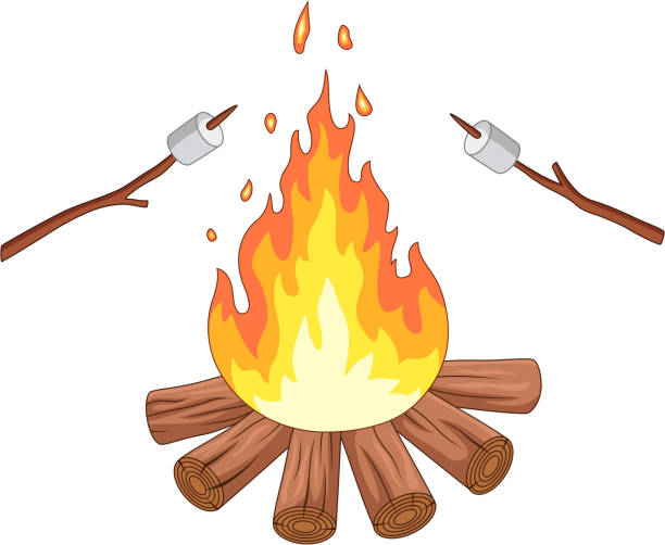 Campfire and marshmallow roast on a stick Vector illustration of Campfire and marshmallow roast on a stick hiking snack stock illustrations