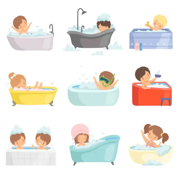 Vector illustration of Cute Little Kids Bathing and Having Fun in Bathtub Set, Adorable Boys and Girls in Bathroom, Daily Hygiene Vector Illustration