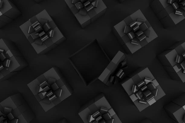 istock Black Open Gift Boxes with Black Ribbon Minimal 3d Design on Black Background, Black Friday Concept 1163466435