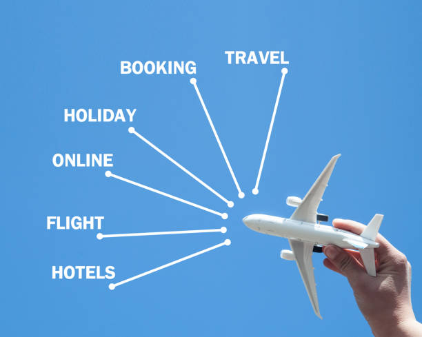 Hand holding airplane. Booking. Travel