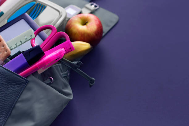 istock Banner Background back to school with copy space. Stationery pencil pen ruler backpack lunch box on black background 1163469576