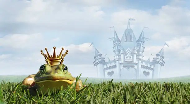 Frog prince fairy tale castle background as a magical story concept with a gold crown with an amphibian waiting for a princess kiss with 3D illustration elements..