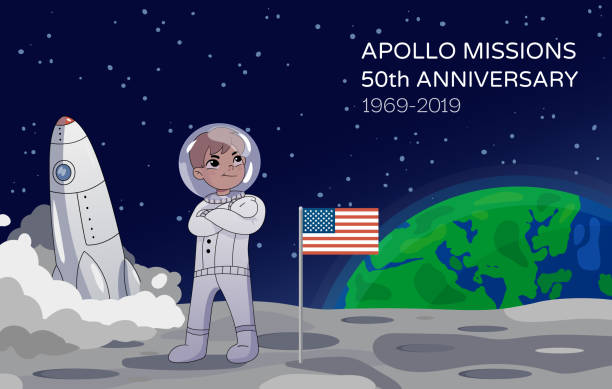 American astronaut standing on the moon alongside the USA flag with a rocket in the background commemorating the Apollo Missions 50th Anniversary. Earth rising in the background. Cartoon style. Vector American astronaut standing on the moon alongside the USA flag, a rocket in the background commemorating the Apollo Missions 50th Anniversary to the moon with planet earth visible in background. apollo 11 stock illustrations