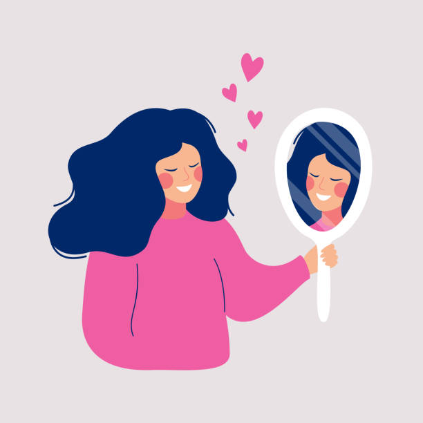 젊은 여자의 손으로 그린 벡터 그림은 사랑으로 거울에 그녀의 반사에 보인다 - happy woman stock illustrations