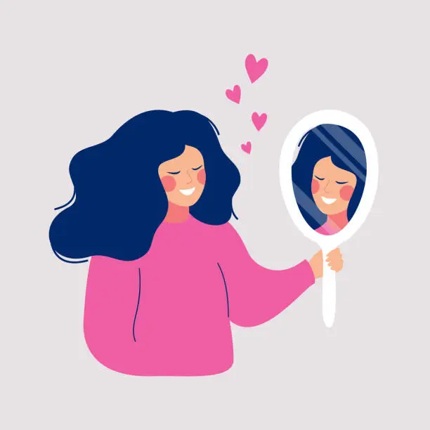 Vector illustration of Hand drawn vector illustration of young woman looks on her reflection in mirror with love