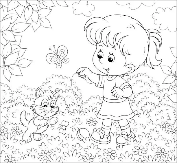 Vector illustration of Little girl with a kitten on a lawn