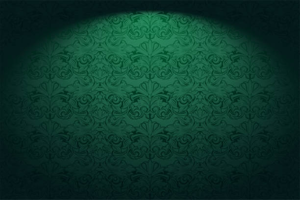 королевский, винтажный, готический горизонтальный фон в зеленом цвете с классическим барочным узором, рококо - wallpaper pattern silk pattern rococo style stock illustrations