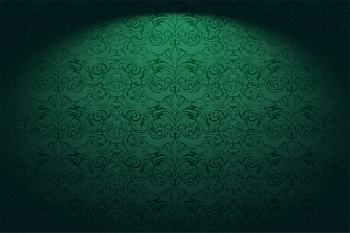 Royal, vintage, Gothic horizontal background in green with a classic Baroque pattern, Rococo.With dimming at the edges. Vector illustration EPS 10