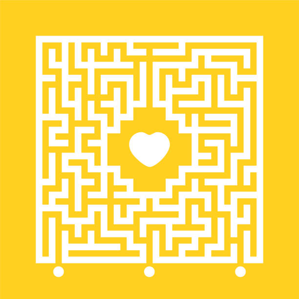 Abstract white square maze. Find the right path to the heart. Labyrinth conundrum. Love search concept. Flat vector illustration isolated on color background. Abstract white square maze. Find the right path to the heart. Labyrinth conundrum. Love search concept. Flat vector illustration isolated on color background maze stock illustrations