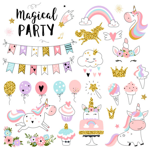 Unicorn magic party elements for greeting. Unicorn magic party elements for greeting, birthday, invitation, baby shower card. Set of rainbow, sweets, crown, balloons, flags, cupcakes and other. Vector illustration. kid stickers stock illustrations