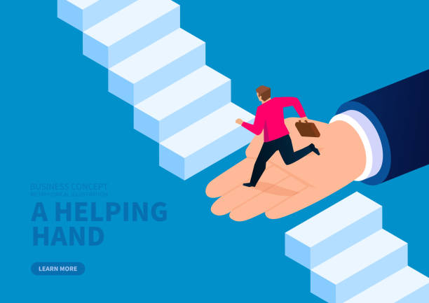 istock Huge hand helps businessman to cross the broken stairs 1163477240