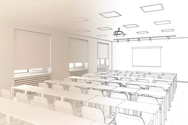 istock Sketch of the conference hall goes into white computer stuff 1163477821
