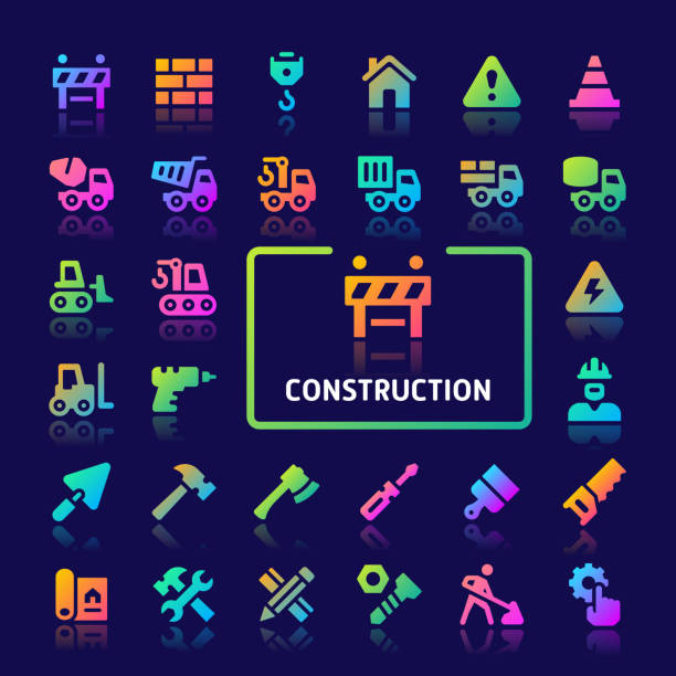 konstruktion gradient vektor icon set. - nut blueprint work tool construction stock-grafiken, -clipart, -cartoons und -symbole