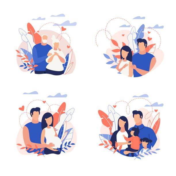 Advertising Banner Family Planning Cartoon Flat. Advertising Banner Family Planning Cartoon Flat. Flyer Elderly Family Couple among Flowers. Husband Embraces Pregnant Wife. Poster Husband and Wife Walk with Children in Park. Vector Illustration. retirement plan document stock illustrations