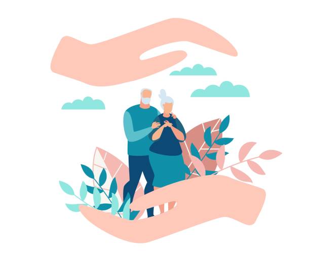 Flat Banner Protection for Senior Family Members. Flat Banner Protection for Senior Family Members. Poster Care for Family Members. Flyer Elderly Parents are Standing in Park, Reconciliation Large Female Hands. Vector Illustration. happy family stock illustrations