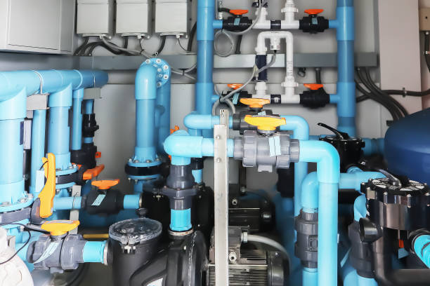 Image background of inside mechanical room of pipeline system for swimming pool. stock photo